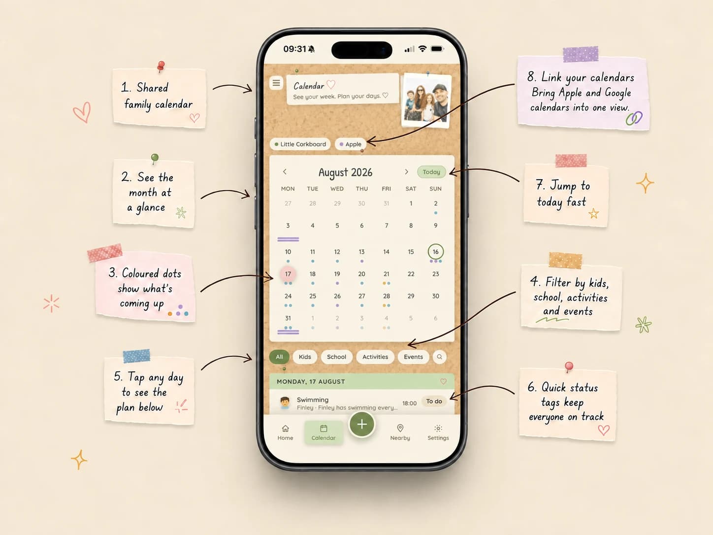 The Little Corkboard shared calendar: a month view with coloured dots and filters for kids, school, activities and events.